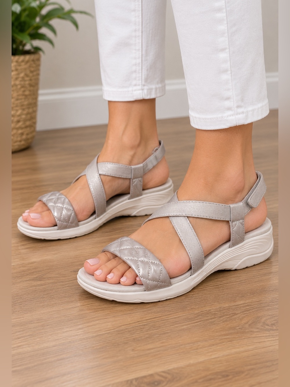 Easy Spirit Treasure 2 Silver Quilted Comfort Sandals Women’s 10W Wide NWT